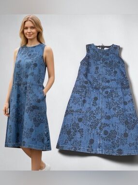 Boden Denim A-Line Dress Floral Print Sleeveless Pockets Zip Front Size 8R